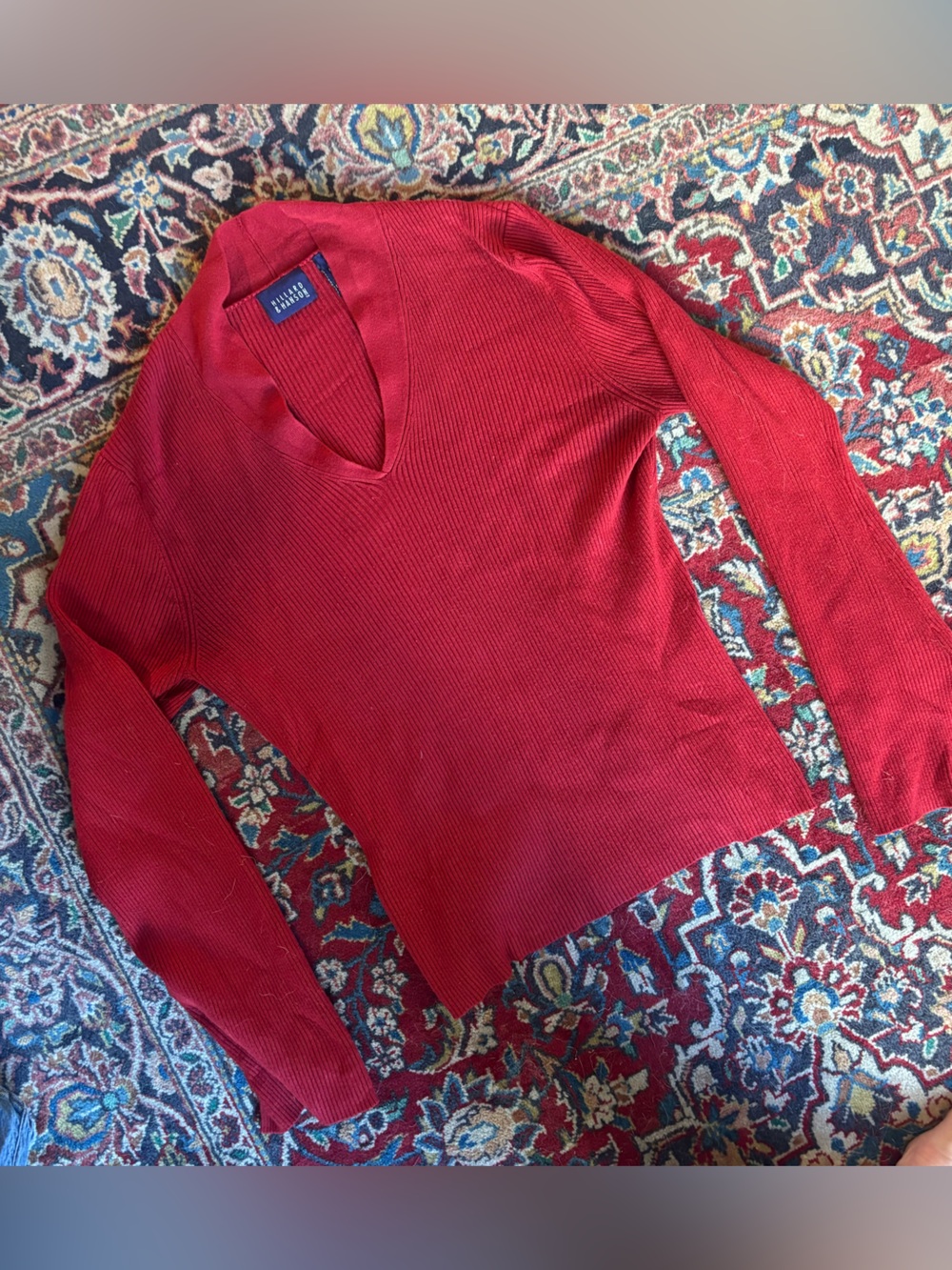 Hillard & Hanson Red Ribbed V-Neck Long Sleeve Top